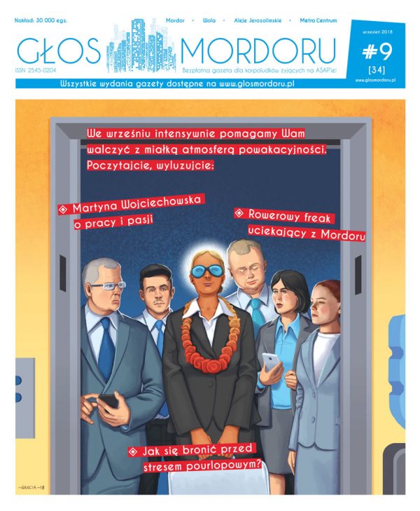 Daniel Garcia Art Editorial Conceptual Illustration Glos Mordoru Ilustracja Back to Work Businessman Businesswoman Corporate Elevator Suit Cover Magazine